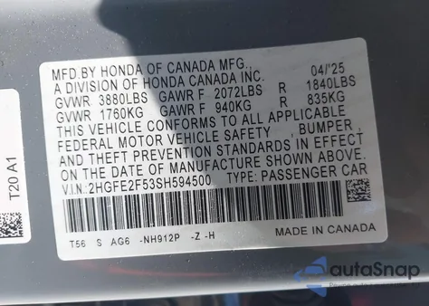 2025 Honda Civic Sport from USA, damaged, VIN 2HGFE2F53SH594500